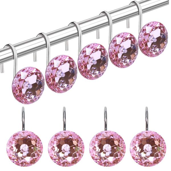 TOAOB 12pcs Stainless Steel Shower Curtain Hooks Rings Decorative Pink Resin Rhinestone Hooks 35mm for Bathroom