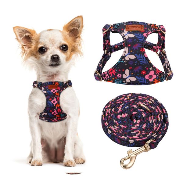 CHEDE No Pull Floral Pattern Dog Harness- Lightweight and Soft Dog Harness, Adjustable Small Dog Harness and Leash Set, with Dog Leash, Suitable for Puppy Small and Medium-Sized Dog