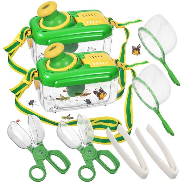 2 Sets Bug Catcher Kit for Kids, Bug Collection Kit Gifts with Retractable 360° Rotatable Magnifying Glass Insect Observation Box, Insect Clip, Butterfly Net, Tweezer, Outdoor Activities for Kids