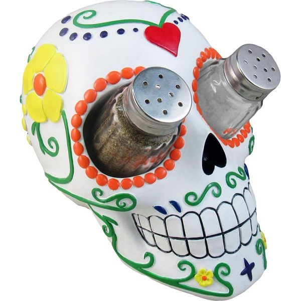 DWK - Sugar 'N' Spice - Day of the Dead Halloween Decorations Sugar Skull Figurine Salt & Pepper Shaker Holder Dia de Los Muertos Home Décor Kitchen Accessory Dining Accent 3-Piece Set, 7-inch