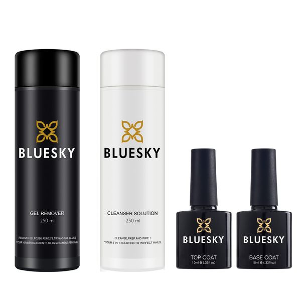 Bluesky Gel Polish Top and Base Coat 10ml plus Acetone Gel Polish Remover 250ml and Cleanser 250ml . Gel Nail Polish Removal, Prep and Wipe. Top Coat, Base Coat