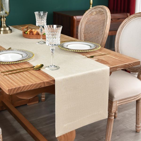 NEWISHER Farmhouse Rustic Table Runner Solid Beige Rectangular Table Runners Faux Linen Table Runner for Everyday Use Kitchen Dining Party Table 33x122cm/13x48 Inch