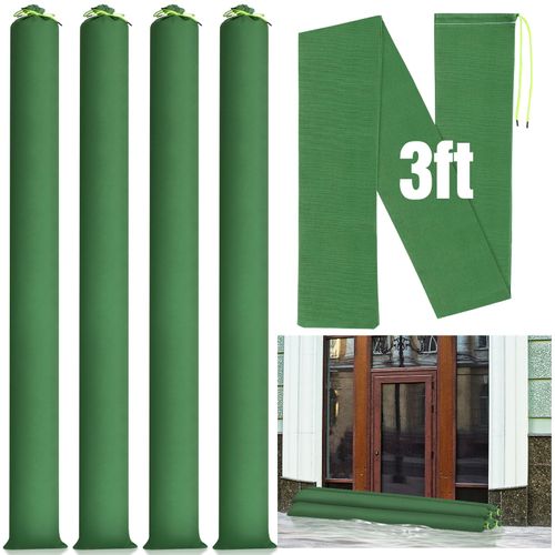 Threan 4 Pcs Long Canvas Sandbags Flood Protection Thickened Reusable Sand Tube Bags Rain Wind Flood Barrier with Elastic Band Water Barrier Tube for Door Rain Water Control, Green (3 ft)