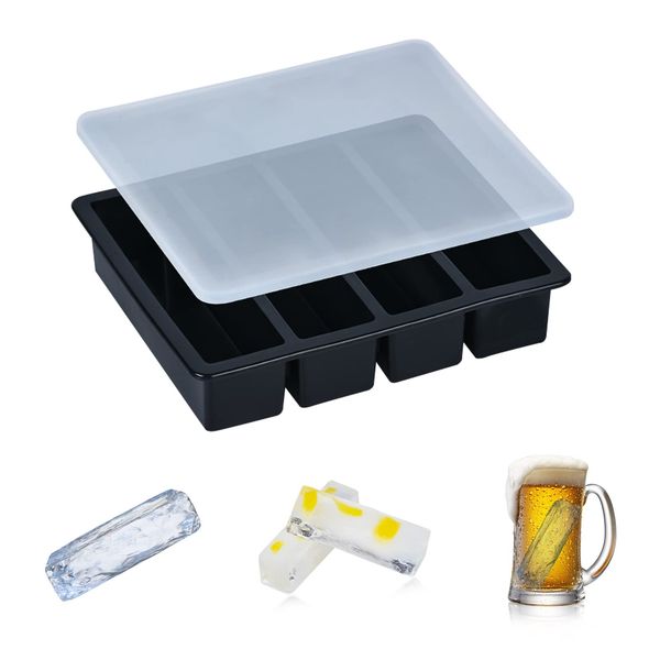 LEISURE CLUB Ice Tray, Silicone, Rectangular Ice Mold, Ice Maker with Dedicated Lid, Easy to Remove, Melt, Large Ice Tray, Whiskey, Ice Making Container, 4 Types (Black)