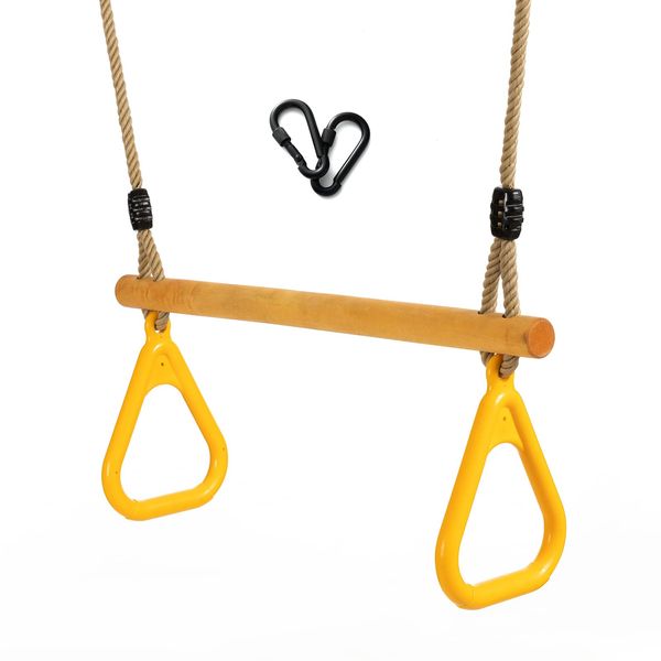 Wooden Trapeze with Plastic Gym Rings Trapeze Swing Bar with Adjustable Rope for Indoor Playground 2 in 1 Swing Set Yellow