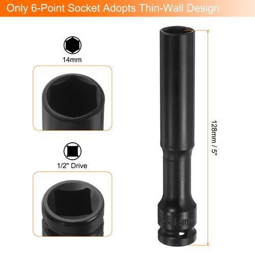 HARFINGTON Deep Thin Wall Impact Socket 14mm Metric 6 Point Socket 1/2" Square Drive 5" Extra Long Phosphated CR-V Steel Industrial Grade Spindle Axle Nut Socket, Black