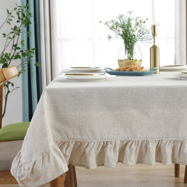 AMZALI Cotton Linen Tablecloth Flounces Fabric Dust-Proof Table Cover for Kitchen Dinner Picnic Table Cloth Tabletop Buffet Home Decoration (Rectangle/Oblong, 55 x 86 Inch, Linen)