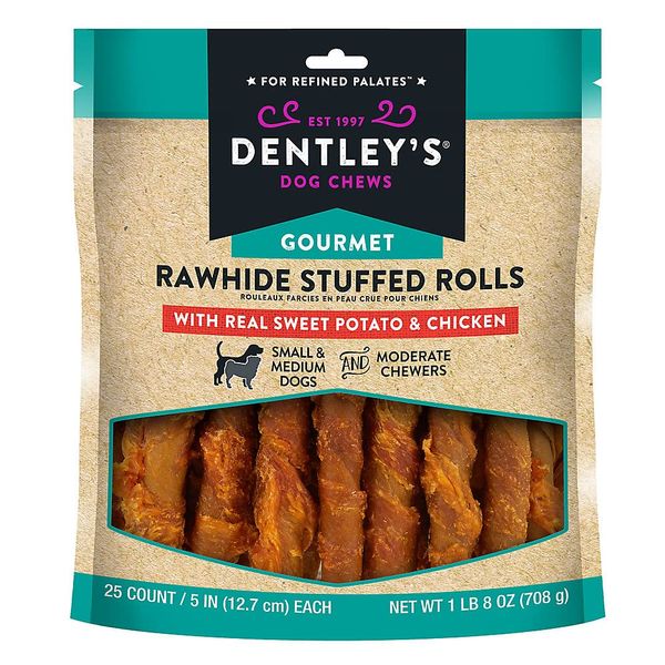 Dentley's Gourmet Rawhide Stuffed Rolls Dog Treats - Sweet Potato & Chicken 25 Rolls Per Pack