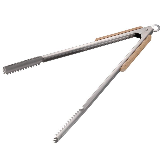 CAPTAIN STAG UG-3286 Stainless Steel, Wooden Grip Charcoal Tongs for BBQ, 13.8 inches (35 cm), Stopper Included, Silver