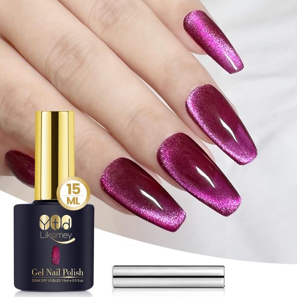 YTD Likomey Cat Eye Gel Nail Polish,15ml Bright Plum Pink Holographic Translucent Neutral Velvet Jelly Sheer Shiny Magnetic Dragon Fruit Shimmer Glitter UV Nail Gel Varnish with Magnet Stick,MY378