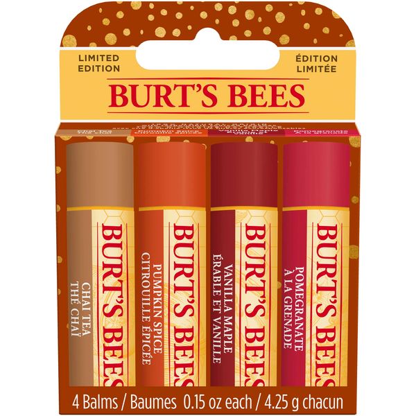 Burt's Bees Geschenkset | Lippenbalsam-Set mit Bienenwachs und Vitamin E | 100 % natürlichen Ursprungs | Chai Tea, Kürbisgewürz, Vanille-Ahorn, Granatapfel | 4 x 4,25 g