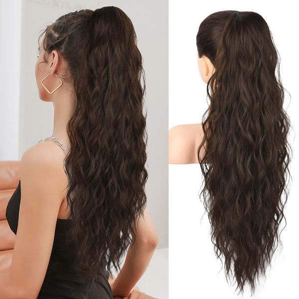 REECHO Ponytail Extension, 26" Long Beach Wave Drawstring Pony Hair Extension Synthetic Pony Tail Hairpiece for Women - Dark Chocolate Brown