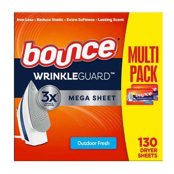 Bounce WrinkleGuard Mega Fabric Softener Dryer Sheets, Wrinkle Release with Outdoor Fresh Scent, 130 ct