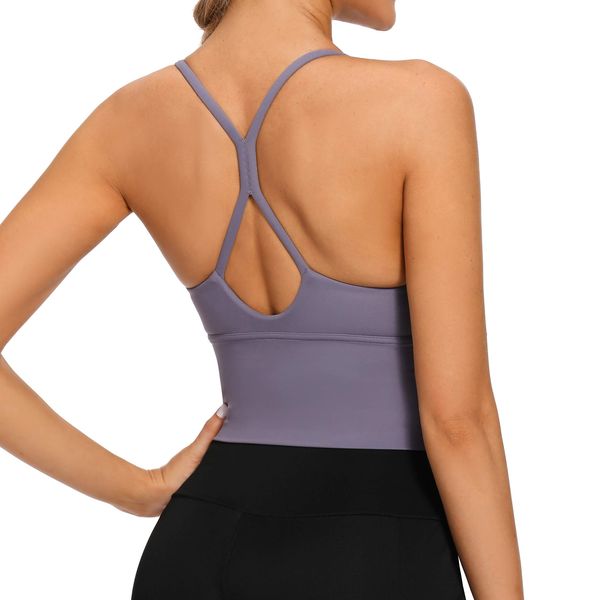 VIBOJOY Longline Strappy Padded Sports Bras Workout Running Tank Crop Tops Yoga Gym Fitness Activewear for Women(Grey-Purple,X-Large)