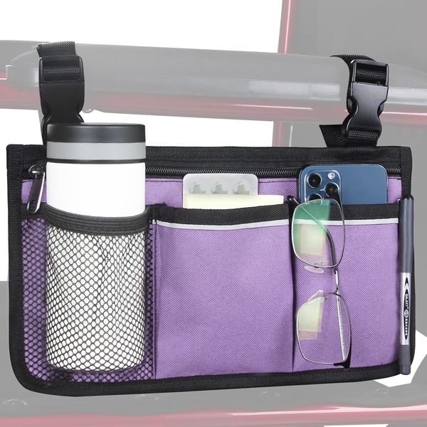 HSGEZUOQI Wheelchair Side Bag, Armrest Storage Pouch with Cup Holder and Reflective Strip Use of Waterproof Fabric for Most Wheelchairs, Walkers or Rollators, Father's & Mother's Day Gifts (Purple)