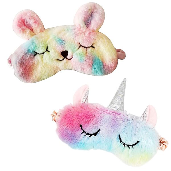 EXDUCT Eye Mask, Set of 2, Cute, Airplane, Children, Sleeping, Cute, Character Eye Pillow, Animal, Sleeping (Rabbit+Unicorn)