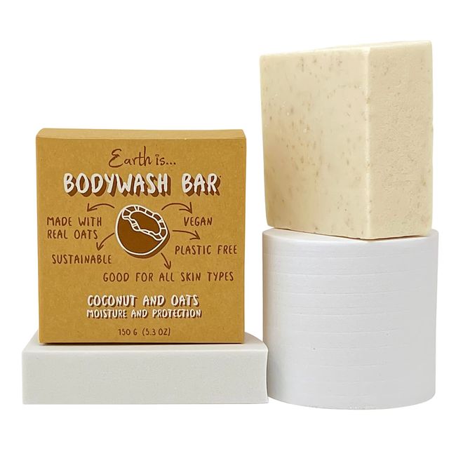 Earth is…Body Wash Bar for All Skin Types – Moisturizing Exfoliating Coconut Oil & Oats - Vegan, Plastic Free, Eco-Friendly, Compostable, Recyclable – Coconut Scent, 5oz