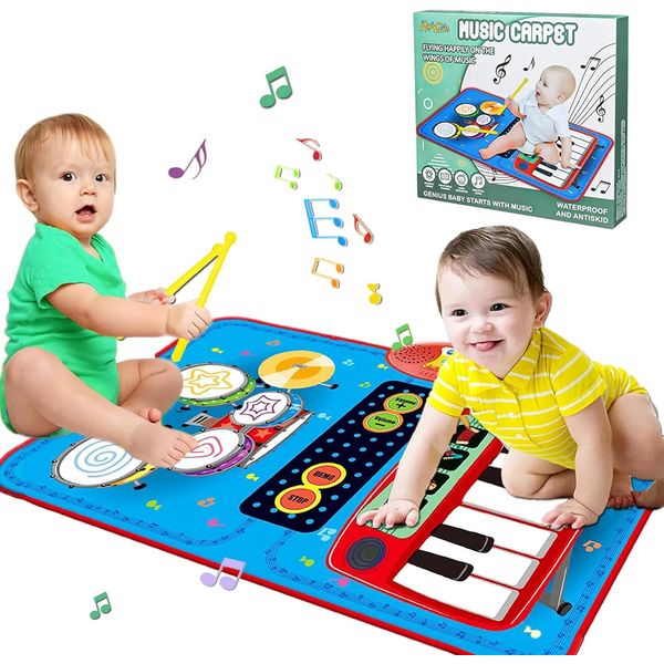 Baby Toys for 1 Year Old Boys & Girls, 2 in 1 Musical Toys,Toddler Piano & Drum Mat with 2 Sticks, Learning FloolBlanket, Birthday Gifts for 1 2 3 Year Old Boys & Girls(Blue)