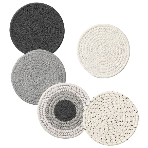 5 Pieces Trivets for Hot Dishes, Potholders Set 100% Cotton Woven Hot Pot Holders Set, Farmhouse Coasters, Hot Pads, Table Mats, Spoon Rest for Baking and Cooking, Kitchen Decor, 7 Inch