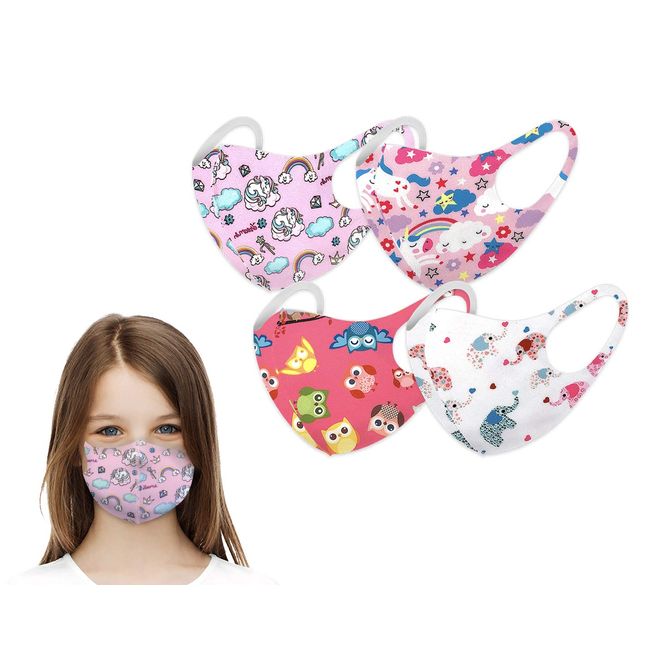 Kid's Face Protective Gear Washable and Reusable Unicorn Kitty Animal Themed (Girl_4set)