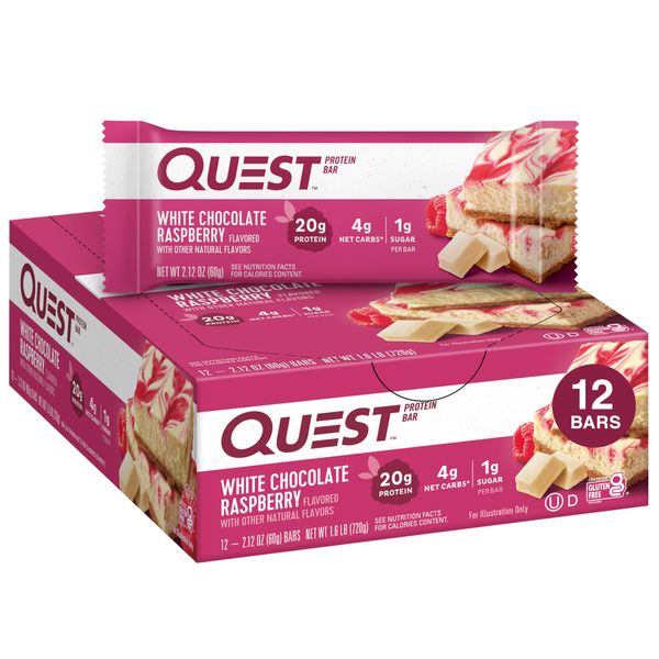 Quest Nutrition White Chocolate Raspberry Protein Bars, 20g Protein, 1g Sugar, 5g Net Carb, Gluten Free, Keto Friendly, 12 Count