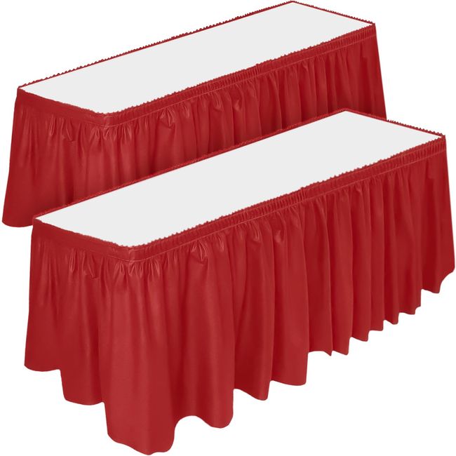 DecorRack 2 Pack Table Skirts, 29 in x 14 ft Each, Multi Pack -BPA Free- Plastic Tableskirt, Disposable, Reusable, Rectangular Tablecloth Skirt, Red (2 Pack)