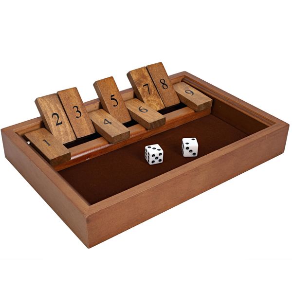 WE Games Shut the Box Game Wooden – 9 Number Flip Tiles with Dark Stained Wooden Box, Board Game for Game Night, Math Games, Clackers, Family Games, Adult Dice Games, Board Games for Adults, 11 inches