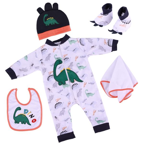 BABESIDE 6 PCS Reborn Baby Doll Clothes Dinosaur Pattern for 17-22 Inch Baby Dolls Onesie Baby Romper Set with Hat & Socks