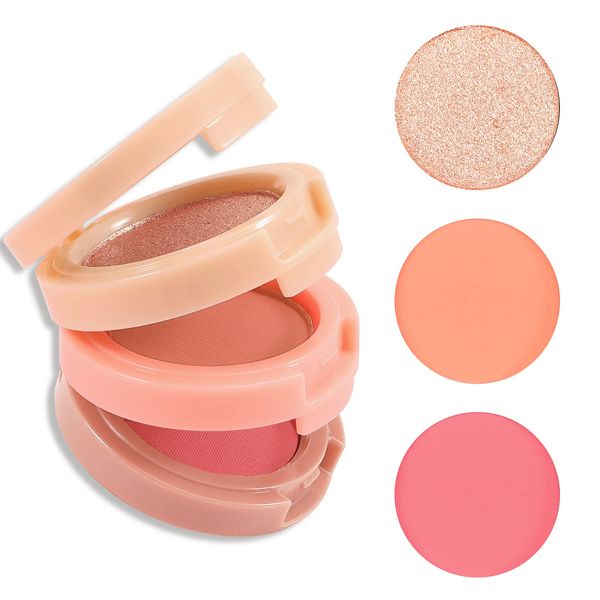 Boobeen Blush and Highlighter Kit, 3 in 1 Makeup Pressed Powder Palette Shimmer Bronzer, Orange&Pink Matte Blusher Blendable Glow Face Palette for a Redness and Glowing Look