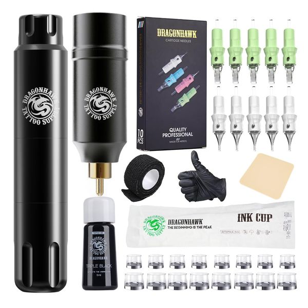 Dragonhawk Tattoo Kit S12 Rotary Tattoo Pen Machine Wireless Battery Tattoo cartridge Needles Tattoo Ink Complete Tattoo Machine Kit for Tattoo Beginners