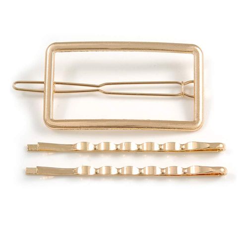Set Of Twisted Hair Slides and Open Square Hair Slide/Grip In Gold Tone Metal