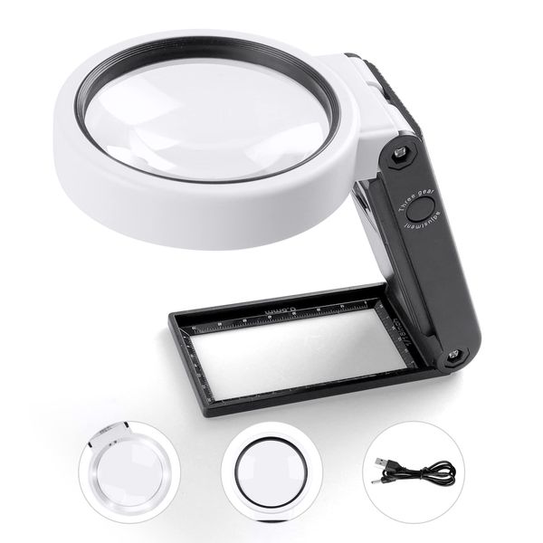 Ninonly Handheld Magnifying Glass Folding Magnifying Glass Stand Magnifying Glass 6x & 25x 25x 2 Different Lens, LED Light, LED Light, Lens Diameter 3.1 inches (80 mm) for Reading, Work, Observation,