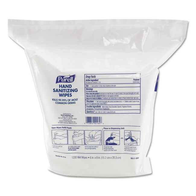 PURELL 911802 - Hand Wipes, 6 x 8, White, 1200/Refill Pouch, 2/Carton