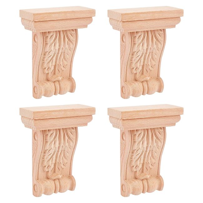 SUPERFINDINGS 4pcs/set 104x80x33mm Wooden Corbels Leaves Classic Corbels Carved Unlay Applique Craft Solid Wood Support Unpainted Hand Carved Scandinavian Wood Products Decoration Home Decor