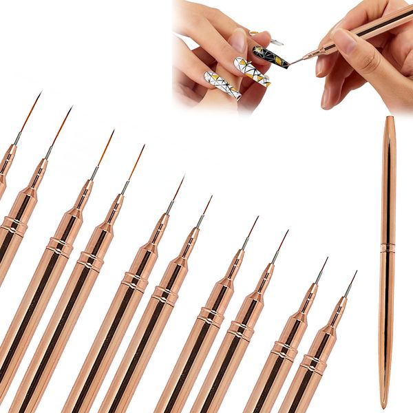 UILYNIU 10 Pcs Nail Art Liner Brushes,Point Drill Drawing Painting Tools Set,Painting Nail Art Brushes for Long Lines,Fine Drawing Nail,for DIY Nail Art Designs,7mm/9mm/11mm/15mm/25mm (Gold)