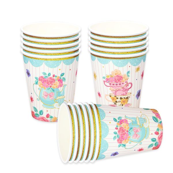 MAGLAUG Afternoon Tea Decorations Paper Cups, 9 Ounce Floral Tea Party Cups Tableware for Afternoon Tea, Birthday Mother's Day Baby Shower Anniversary (Cups 24pcs)