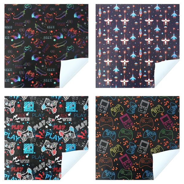 4 Blatt Spiele Geschenkpapier Schwarz - Lustiges Geschenkpapier, Gaming-Geschenkpapier, Geschenkpapier Geburtstag für Jungen, Kinder, Familie, Freunde,50 x 70 cm pro Blatt