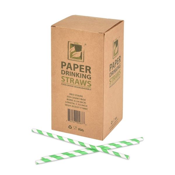 Earth's Natural Alternative Paper Straw 250-count, 7.75" Length, 6mm Diameter, Green Stripe