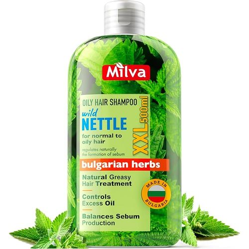 Milva Nettle Shampoo for Greasy Hair - 500 ml Natural Clarifying Shampoo for Oily Hair and Roots - Greasy Hair Remedy, Sulphate Free Shampoo Oily Scalp - Sebum Control, Oil Reducing & Volume Shampoo