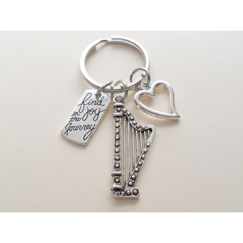Harp Charm Keychain with Heart Charm & Find Joy in the Journey Charm, Musician Keychain, Music Teacher, School Staff, or Volunteer