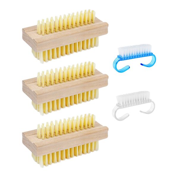 UCEC 5 Pcs Nail Brushes, Includes 3 Double Sided Wooden Nail Brushes & 2 Small Brushes with Plastic Handle, Nail Brushes for Cleaning Nails, Easy to Use Nail Brush, Nail Scrubbing Brush, Hand Brush