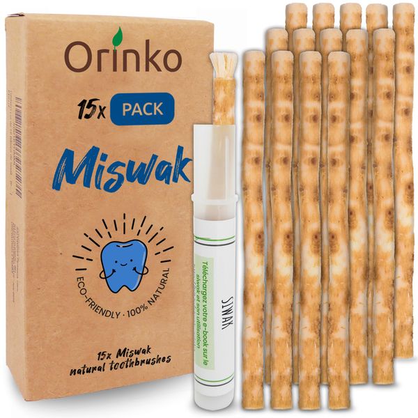 Orinko 15 Miswak Sticks + Capsule Case - 100% Natural Toothbrush - Cleaning, Disinfecting and Whitening - Ecological, Biodegradable and Vegan - Ebook Provided