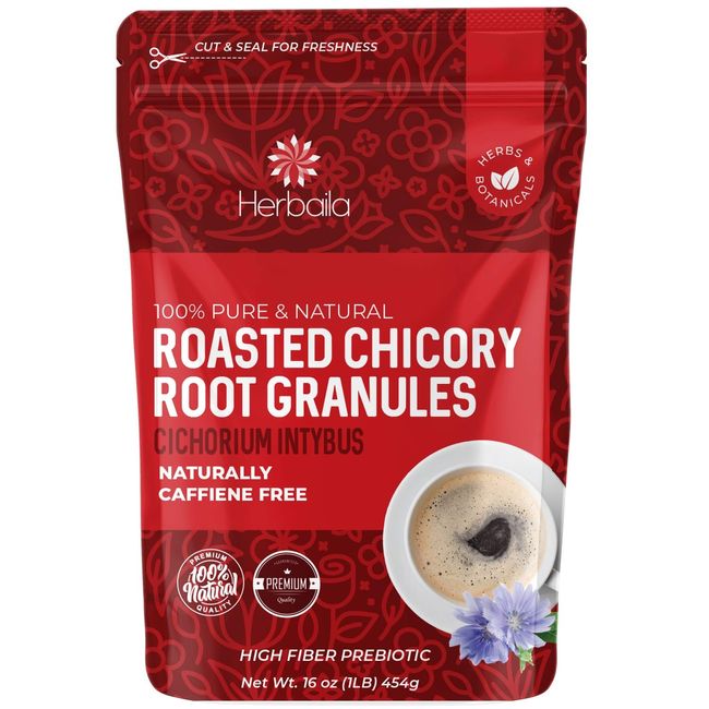 Chicory Root Roasted Granules, 1 Pound, Chicory Coffee (Inulin, Prebiotic Dietary Fiber) Rich Flavor, Caffeine Free, Natural Tea and Coffee Substitute, Keto, Kosher