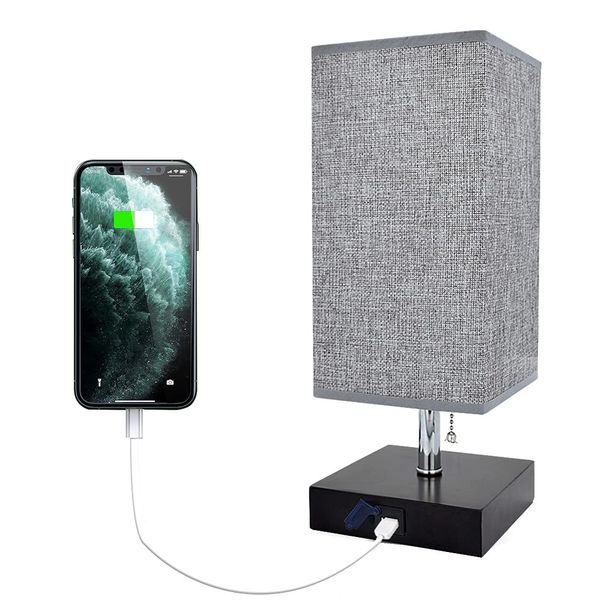 DINGLILIGHTING Square Bedside Table Lamp with USB Charging Port, Wooden Desk Lamp (Grey Fabric Shade) for Bedroom,Nightstand Lamp for Living Room,Coffee Room,Kids,Warm White (LED Bulb Included)