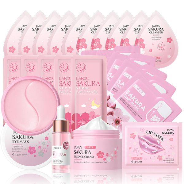 Cherry Blossom Skin Care Set, Sakura Skincare Set For Teenage Girls, Skin Care Kit For Women, Travel Skincare Set With Cream,Serum,Eye Mask,Lip Mask,Toner,Cleanser,Sleep Mask,Mud Maks 24PCS