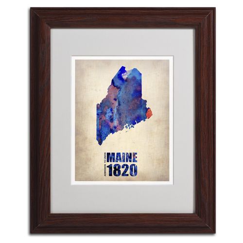 Trademark Fine Art Maine Watercolor Map by Naxart Matted Framed Art, 11 by 14-Inch, Wood Frame