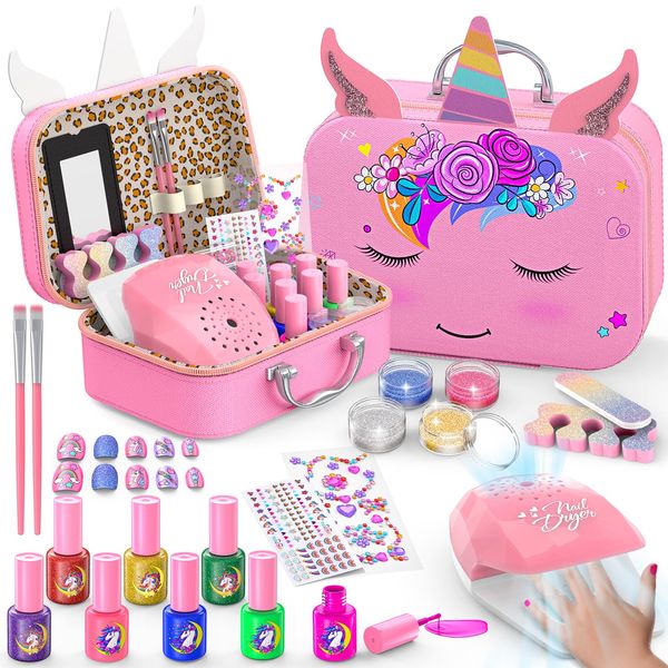 Kids Nail Polish Set for Girls, Non-Toxic Quick Dry Nail Art Salon Kit with Nail Dryer and Peelable Nail Polish,Ideal Gift Toys for Girls Age 3-12