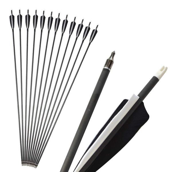 SHARROW 6/12 PCS Carbon Arrow 34 Inch Archery Arrow Spine 500 Turkey Feather Practice and Hunting Arrows with Removable Tips for Compound Bow and Recurve Bow