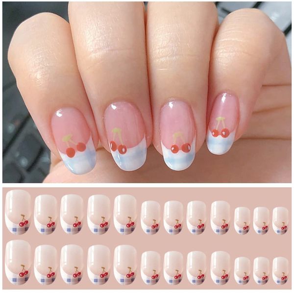 AAGWW Nail Tips, Berry Short, False Nails, Long, Coming-of-Age Ceremony, Mat, False Nails, Cute Beautiful Shell Supplies, Workshop, Glue Design (Product Contents: 24 Nail Art + Glue, Color: Cherry, Blue Check)