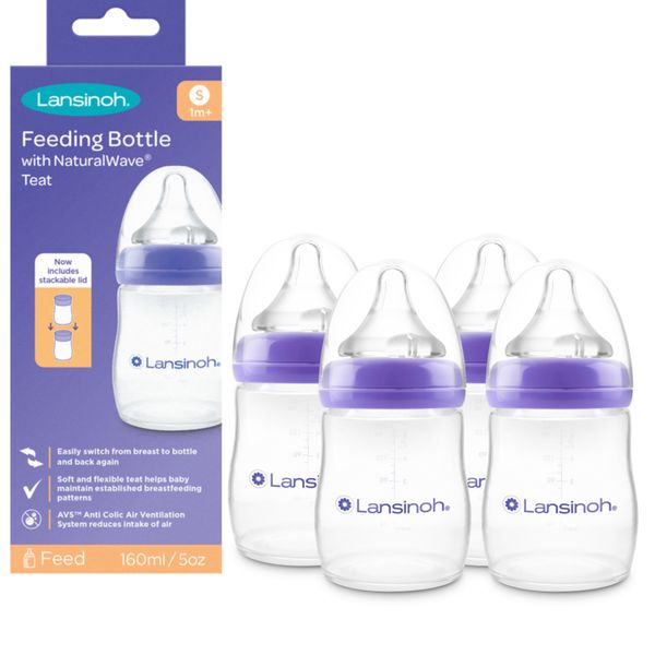 Lansinoh Anti Colic Baby Bottle - 160ml - NaturalWave® Slow Flow Teats Reduces Nipple Confusion + New Stackable Lid Breast Milk Storage Bottles Breastfeeding Bottle Feeding - Baby Bottles